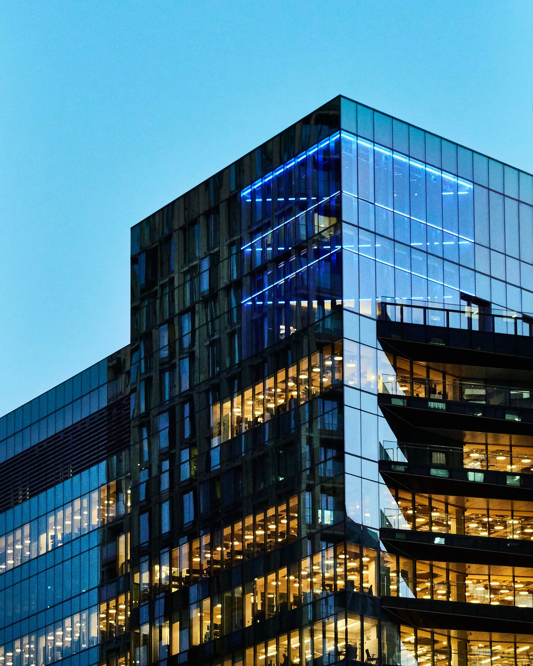 Illuminated modern glass commercial building