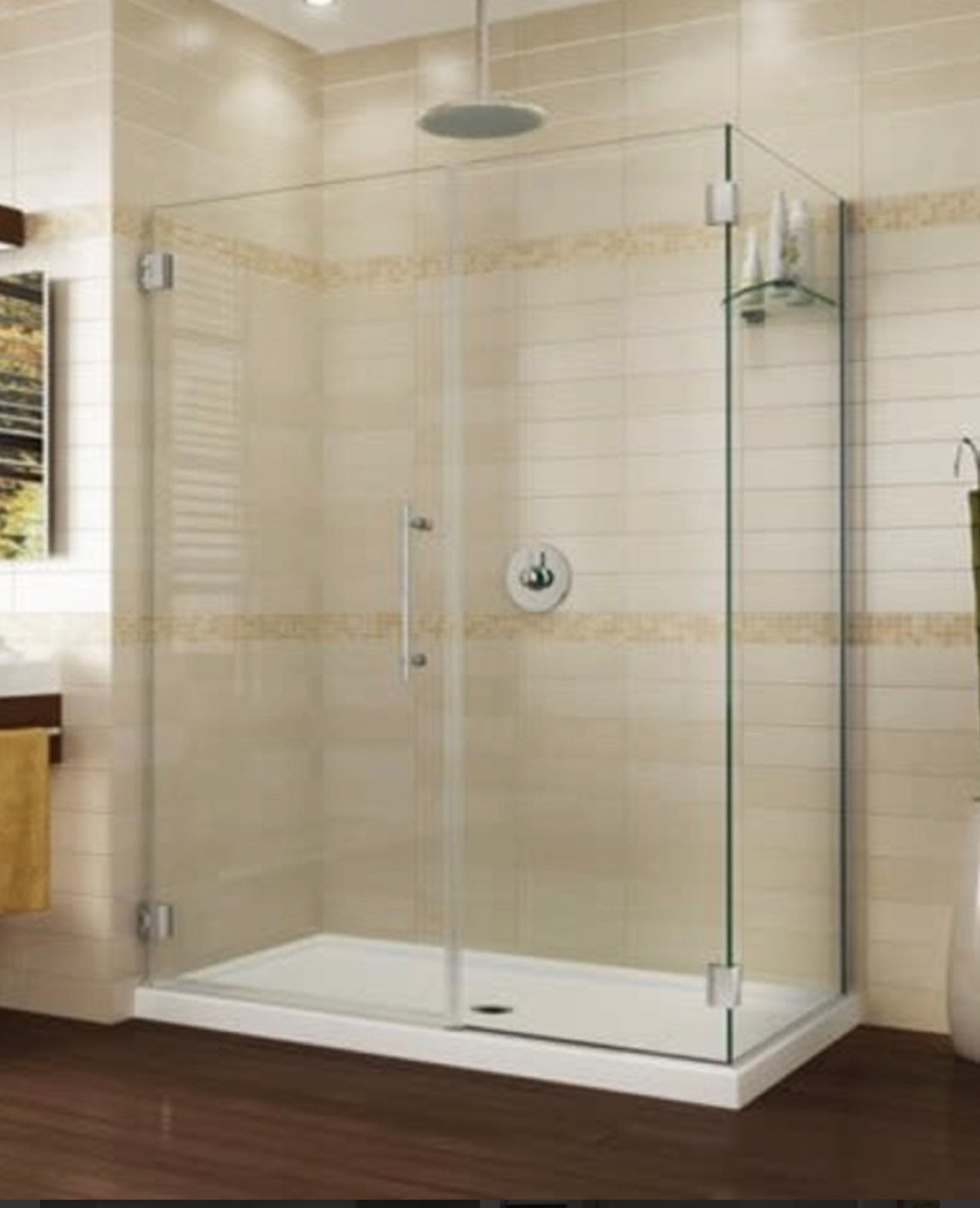 Corner glass shower enclosure on a white shower base